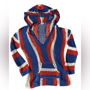 VENUS Red White Blue Crochet Hooded Swimsuit Cover Up.  Size L/XL. 46” Bust